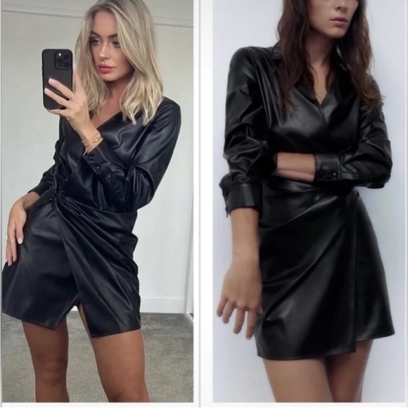 Zara Dresses & Skirts - Zara Black Faux Leather Shirt Dress